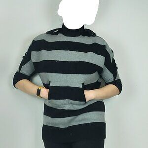 Tory‎ Burch Merino Wool Striped Knit Top Thick Knit Black and Grey | Size S